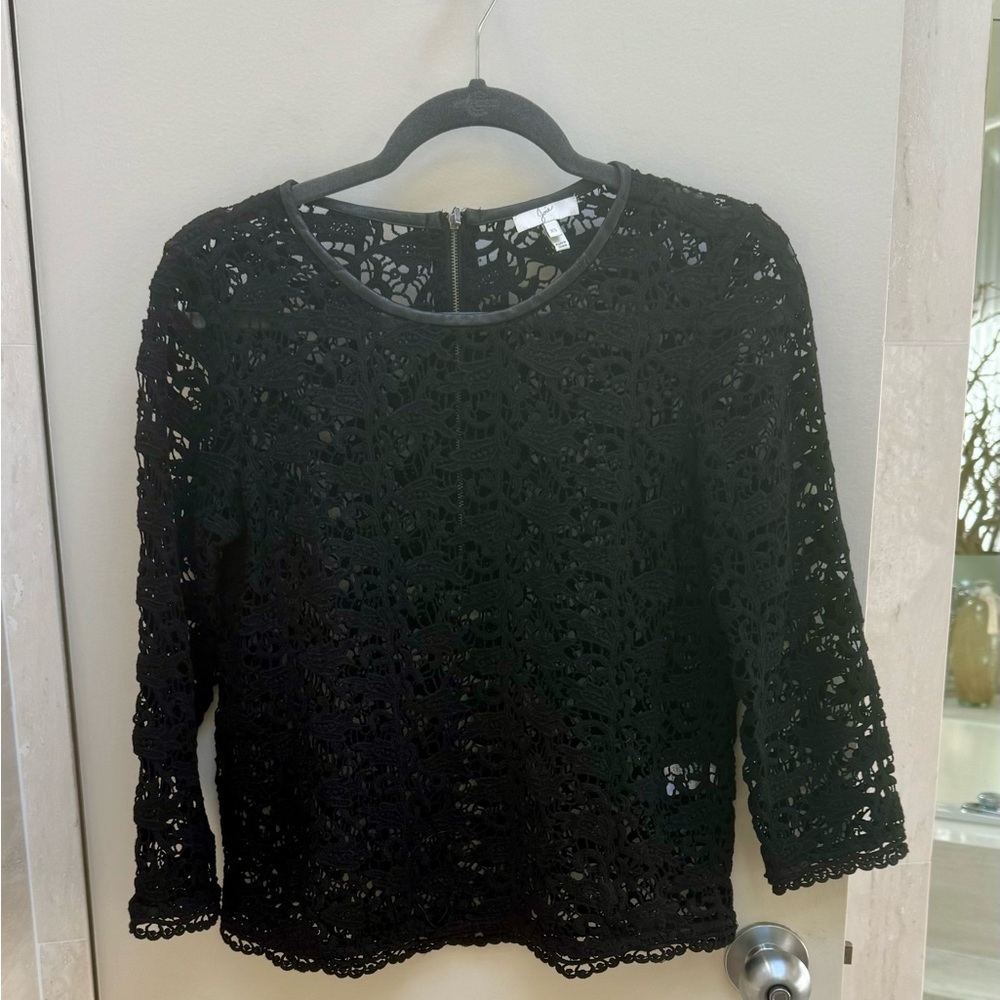 Joie black lace top with leather trim. Size xs